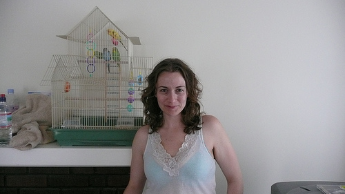 Jessica with the parakeets